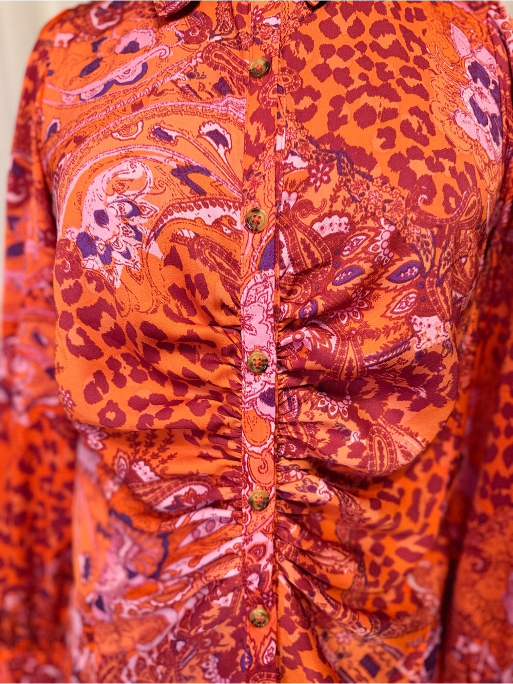 Free People XS Orange Paisley Leopard Ruched Button Down Blouse Boho - Picture 2 of 14